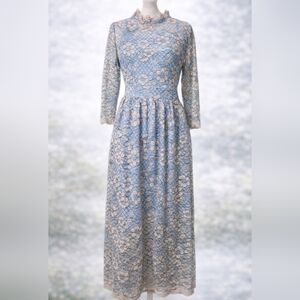Floral Lace Overlay Midi Dress 3/4 Sleeve Mock Neck